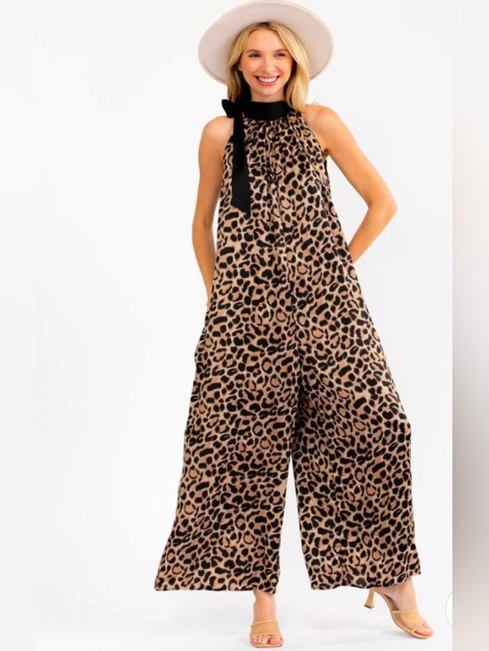 Pants - Leopard Print Halter Wide-Leg Jumpsuit - Black & Tan